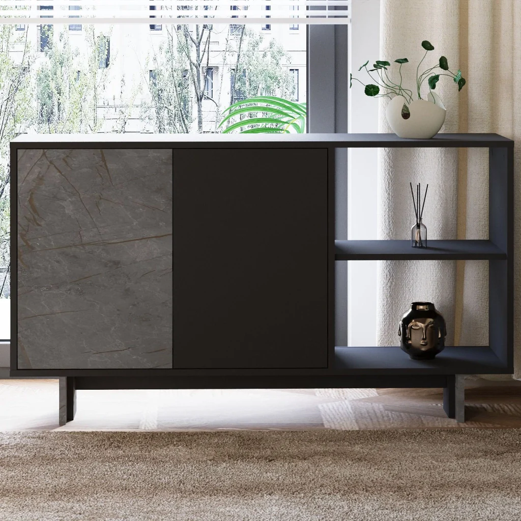 Credenza in legno "Ravello" - 140 x 35 x 80 cm - Grigio antracite marmorizzato - Image 2