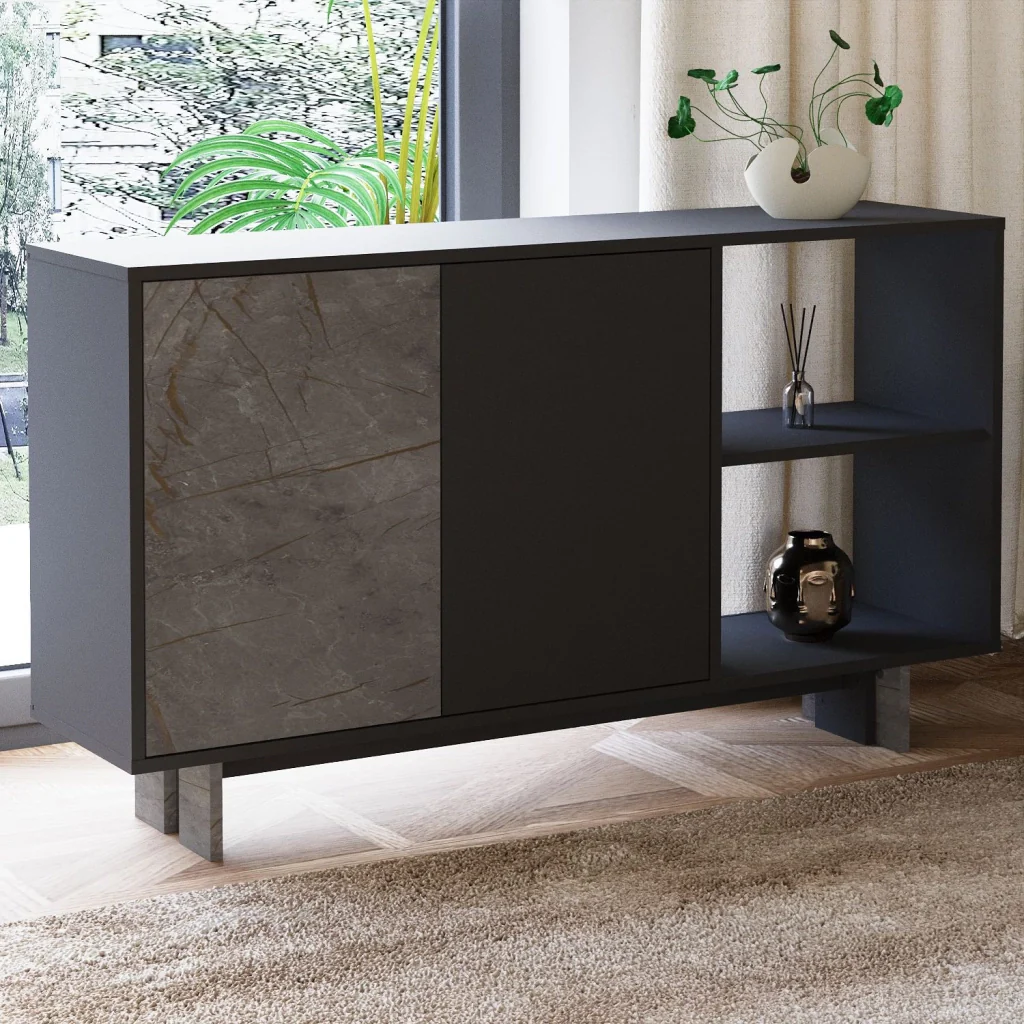 Credenza in legno "Ravello" - 140 x 35 x 80 cm - Grigio antracite marmorizzato - Image 4