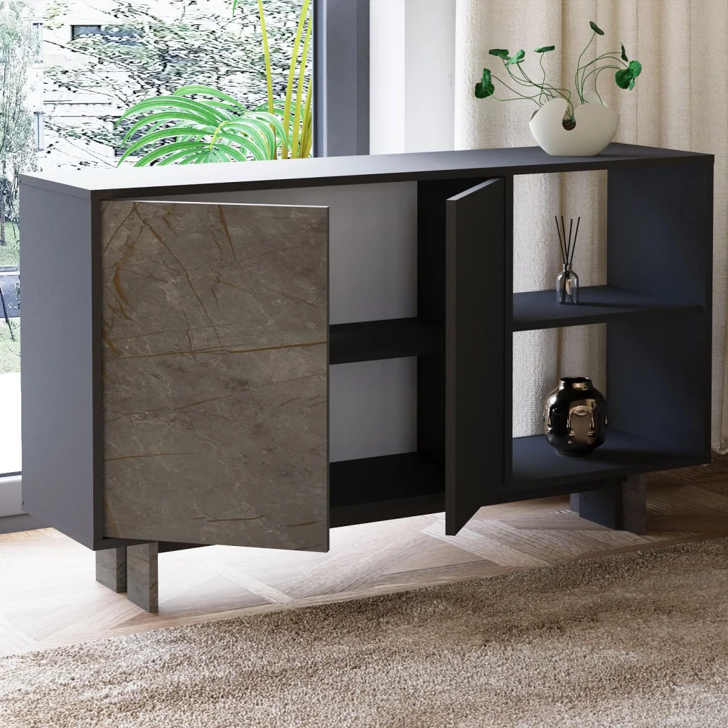 Credenza in legno "Ravello" - 140 x 35 x 80 cm - Grigio antracite marmorizzato - Image 5