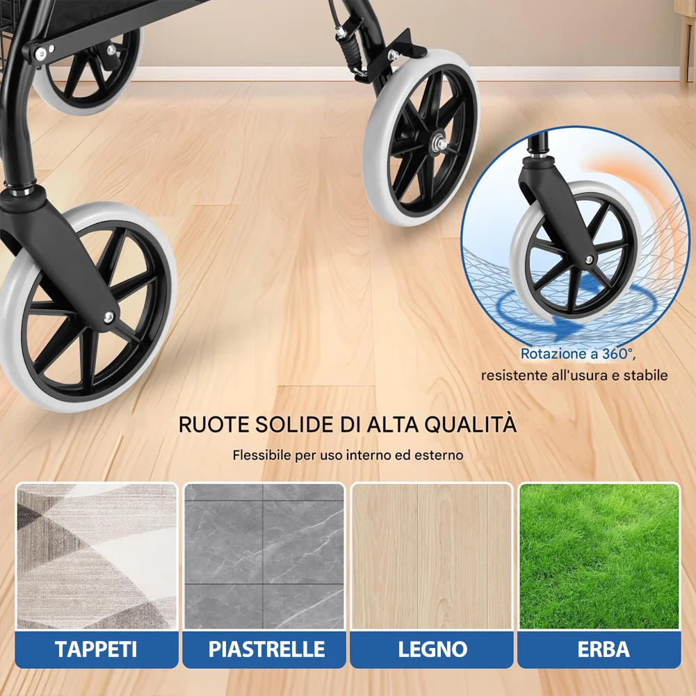 Deambulatore per Anziani in Alluminio Pieghevole con Seduta Cestino e Freni - Image 6