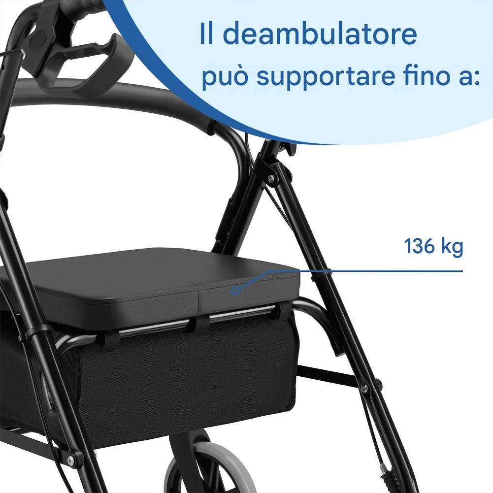 Deambulatore per Anziani in Alluminio Pieghevole con Seduta Cestino e Freni - Image 7