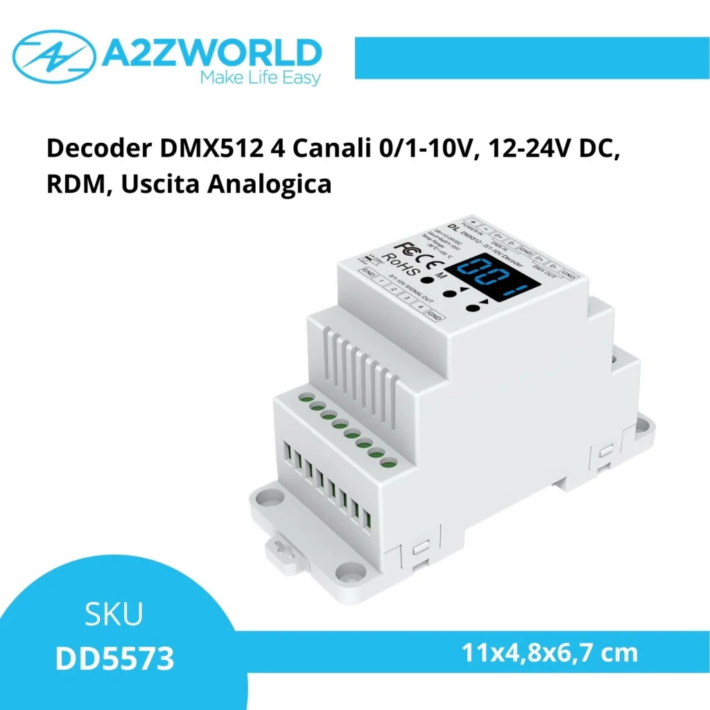 Decoder DMX512 4 Canali 0/1-10V, 12-24V DC, RDM, Uscita Analogica - Image 2