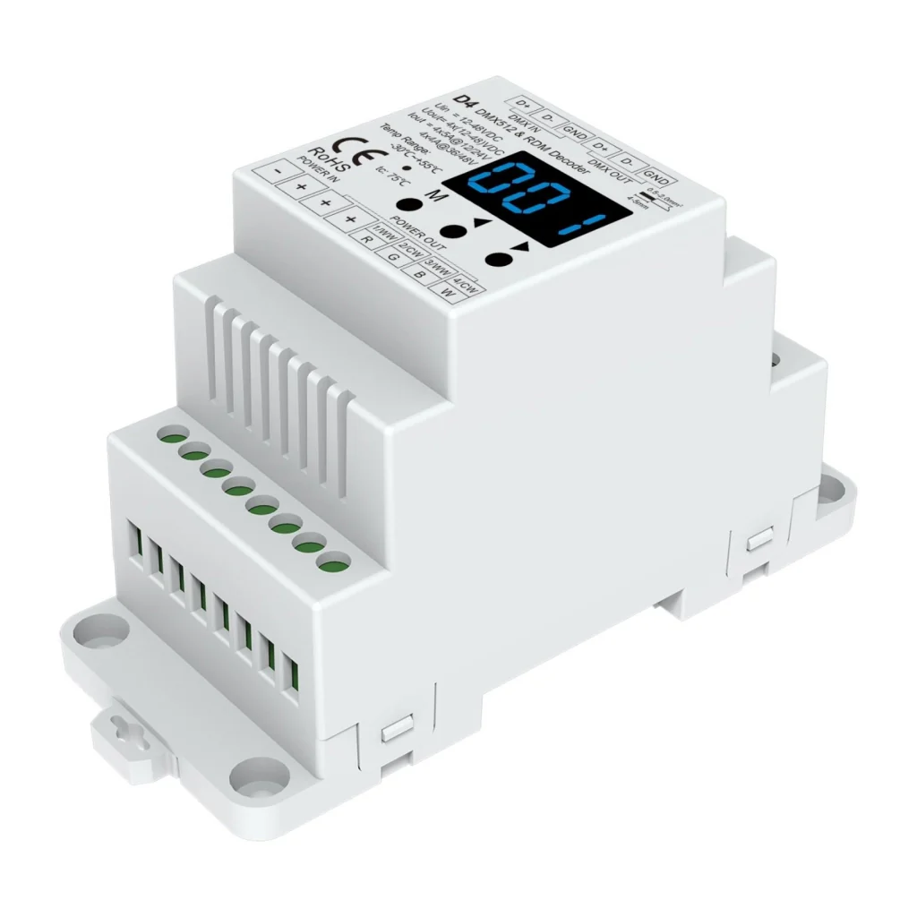 Decoder DMX512 4 Canali CV, 12-48V DC, 4x5A, PWM Regolabile, RDM