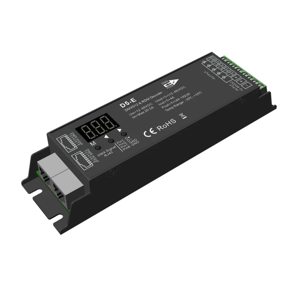 Decoder DMX512 5 canali CV D5-E, 12-48V DC, 5x4A, RDM, RJ45