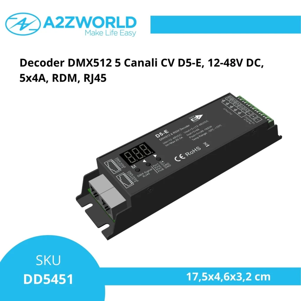 Decoder DMX512 5 canali CV D5-E, 12-48V DC, 5x4A, RDM, RJ45 - Image 2