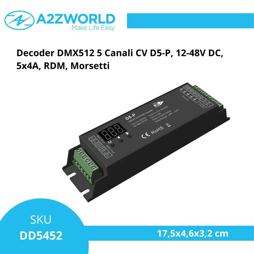 Decoder DMX512 5 canali CV D5-P, 12-48V DC, 5x4A, RDM, morsetti - Image 2