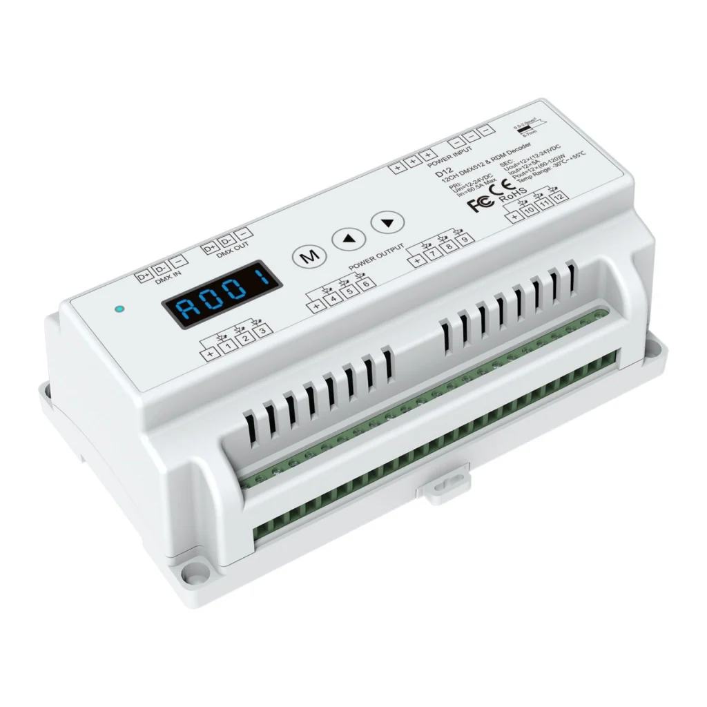 Decoder DMX512 RDM 12 Canali RGB a Tensione Costante, 12-24V DC, 5A per Canale, Totale 60A, PWM 500-32000Hz, Guida DIN, per Strisce LED RGB