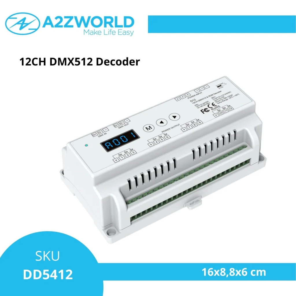 Decoder DMX512 RDM 12 Canali RGB a Tensione Costante, 12-24V DC, 5A per Canale, Totale 60A, PWM 500-32000Hz, Guida DIN, per Strisce LED RGB - Image 2