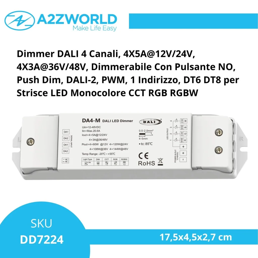 Dimmer DALI 4 Canali, 4X5A@12V/24V, 4X3A@36V/48V, Dimmerabile Con Pulsante NO, Push Dim, DALI-2, PWM, 1 Indirizzo, DT6 DT8 per Strisce LED Monocolore CCT RGB RGBW - Image 2