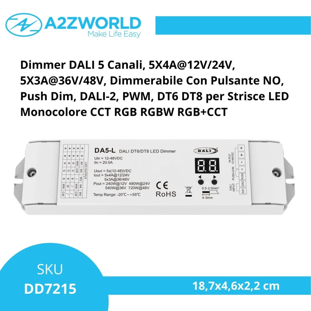 Dimmer DALI 5 Canali, 5X4A@12V/24V, 5X3A@36V/48V, Dimmerabile Con Pulsante NO, Push Dim, DALI-2, PWM, DT6 DT8 per Strisce LED Monocolore CCT RGB RGBW RGB+CCT - Image 2