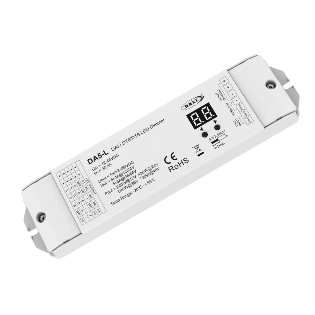 Dimmer DALI 5 Canali, 5X4A@12V/24V, 5X3A@36V/48V, Dimmerabile Con Pulsante NO, Push Dim, DALI-2, PWM, DT6 DT8 per Strisce LED Monocolore CCT RGB RGBW RGB+CCT - Image 3