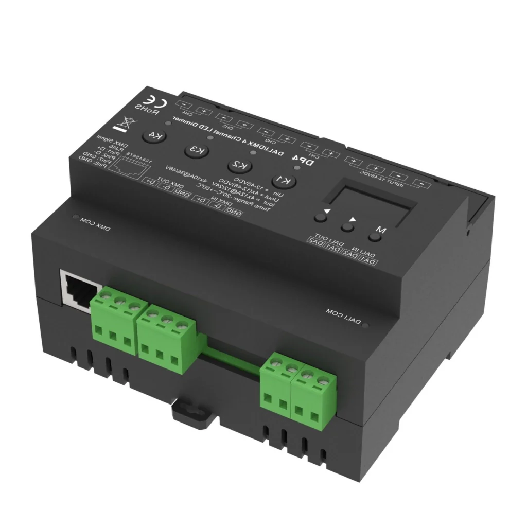 Dimmer DALI DMX Professionale, 4 Canali Guida DIN, OLED Display, 4X12A@12V/24V, 4X10A@36V/48V, DALI-2, DMX512, PWM, 4 Indirizzi, DT6 DT8 per Strisce LED Monocolore CCT RGB RGBW - Image 3