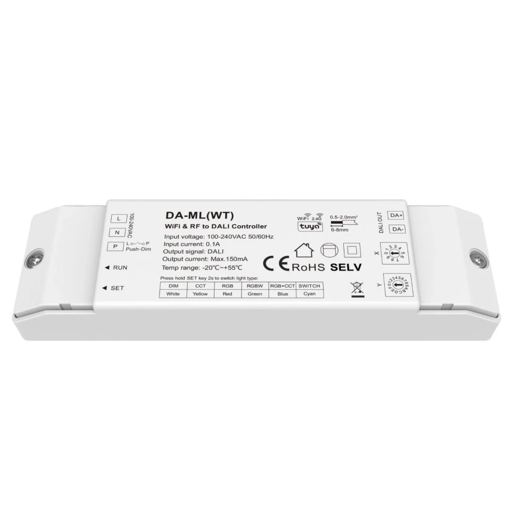 Dimmer DALI WiFi + RF 2.4GHz, Controller per DIM CCT RGB RGBW RGB+CCT, App Tuya Smart Life, Push Dim, 1 Indirizzo, Uscita 16VDC Max 150mA, Input AC220V