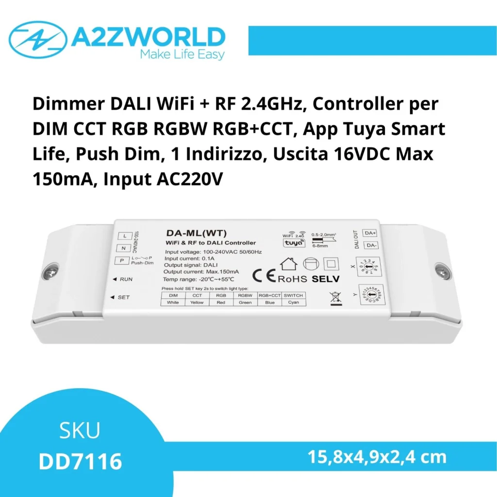 Dimmer DALI WiFi + RF 2.4GHz, Controller per DIM CCT RGB RGBW RGB+CCT, App Tuya Smart Life, Push Dim, 1 Indirizzo, Uscita 16VDC Max 150mA, Input AC220V - Image 2