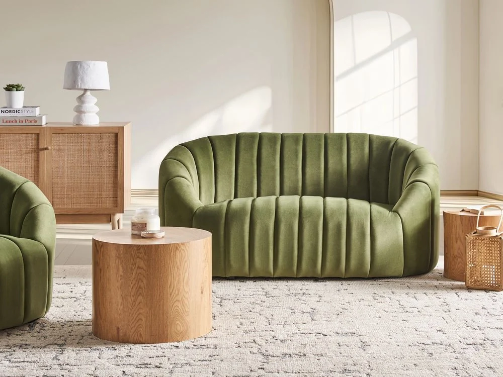 Divano 2 posti in velluto verde scuro Design contemporaneo e retrò Seduta imbottita e schienale basso - Image 3