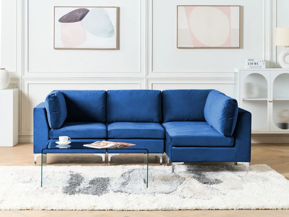 Divano ad angolo componibile versione sinistra a 4 posti in velluto blu marino con gambe in metallo argento stile glamour - Image 4