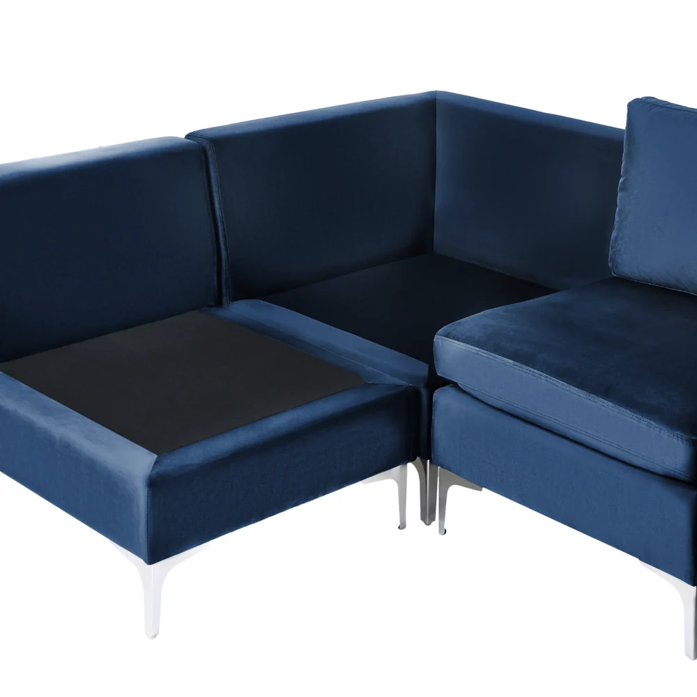 Divano ad angolo componibile versione sinistra a 4 posti in velluto blu marino con gambe in metallo argento stile glamour - Image 9