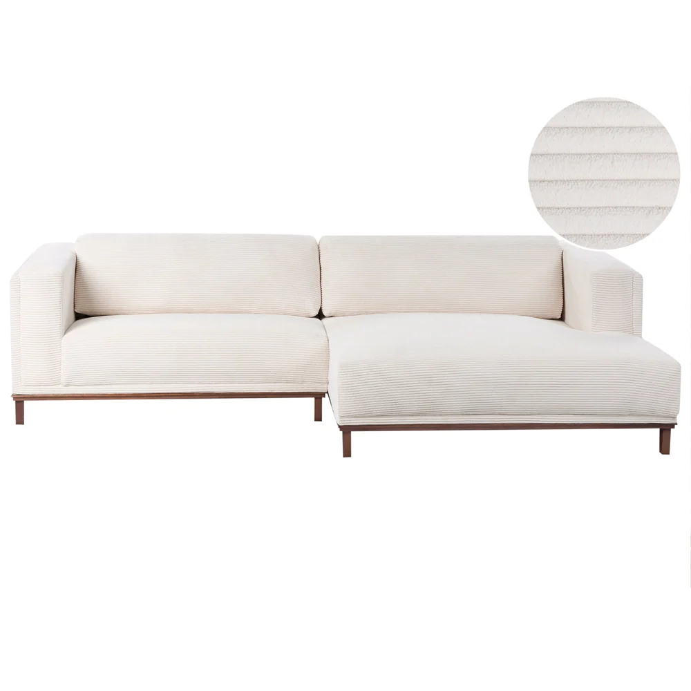 Divano angolare sinistro Tappezzato in tessuto poliestere beige chiaro Gambe in legno 4 posti Spesso imbottito Mobili da salotto in stile moderno