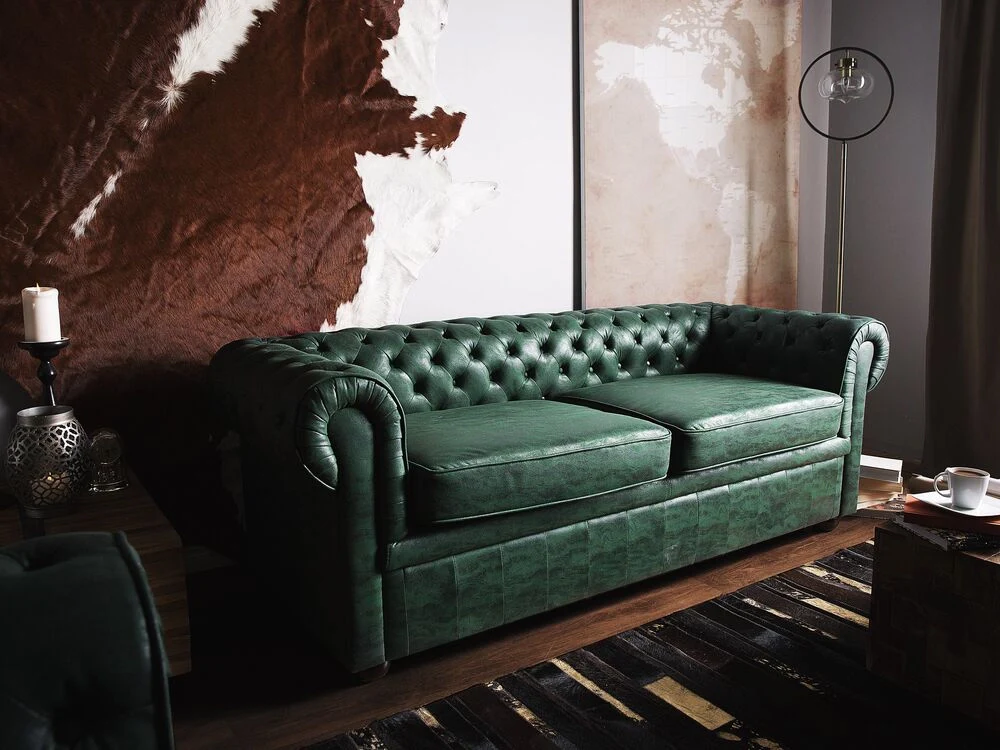 Divano Chesterfield Rivestimento in ecopelle verde Gambe in legno scuro 3 posti contemporaneo - Image 4