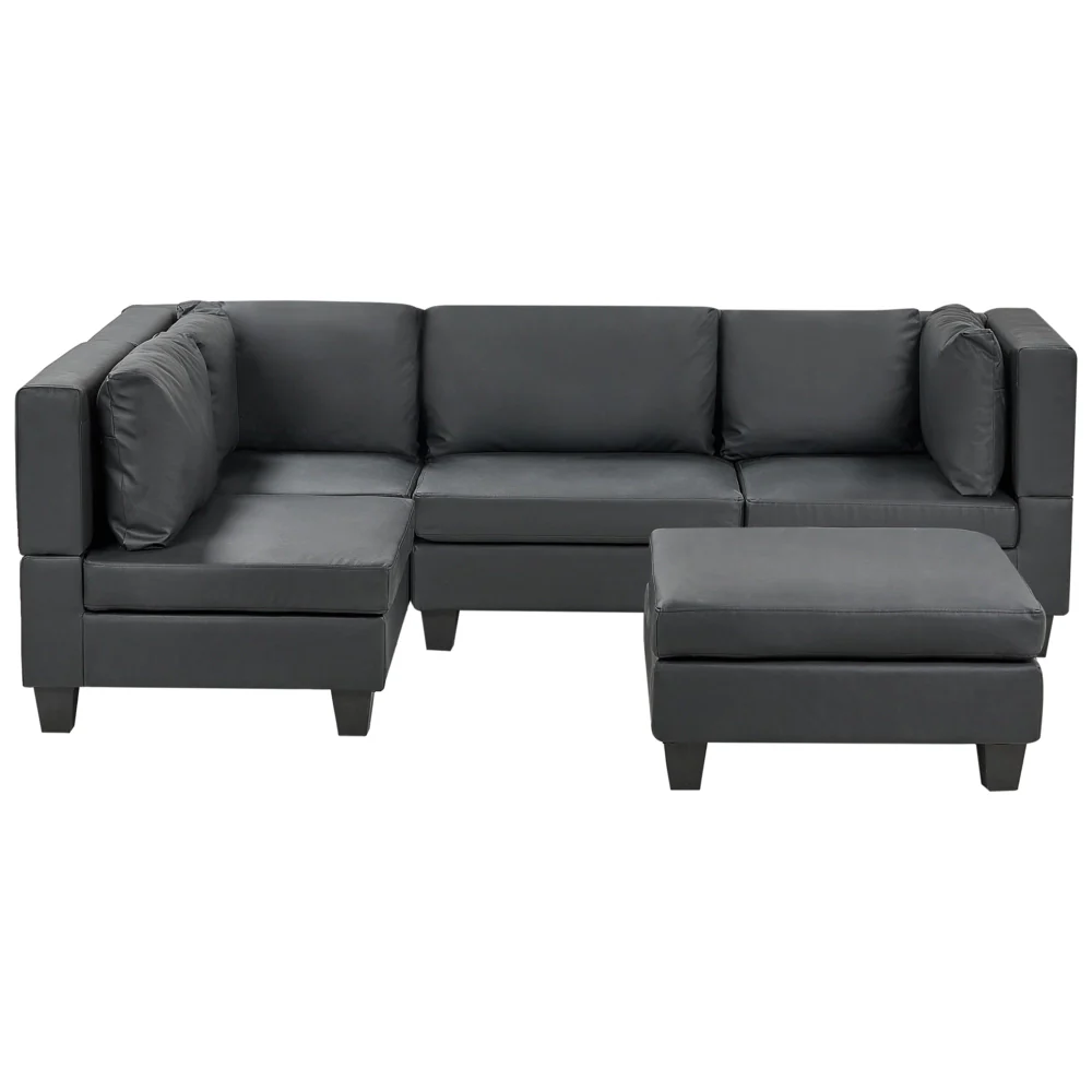 Divano componibile 4 posti imbottito in tessuto nero con gambe nere schienale imbottito lato destro con pouf stile moderno