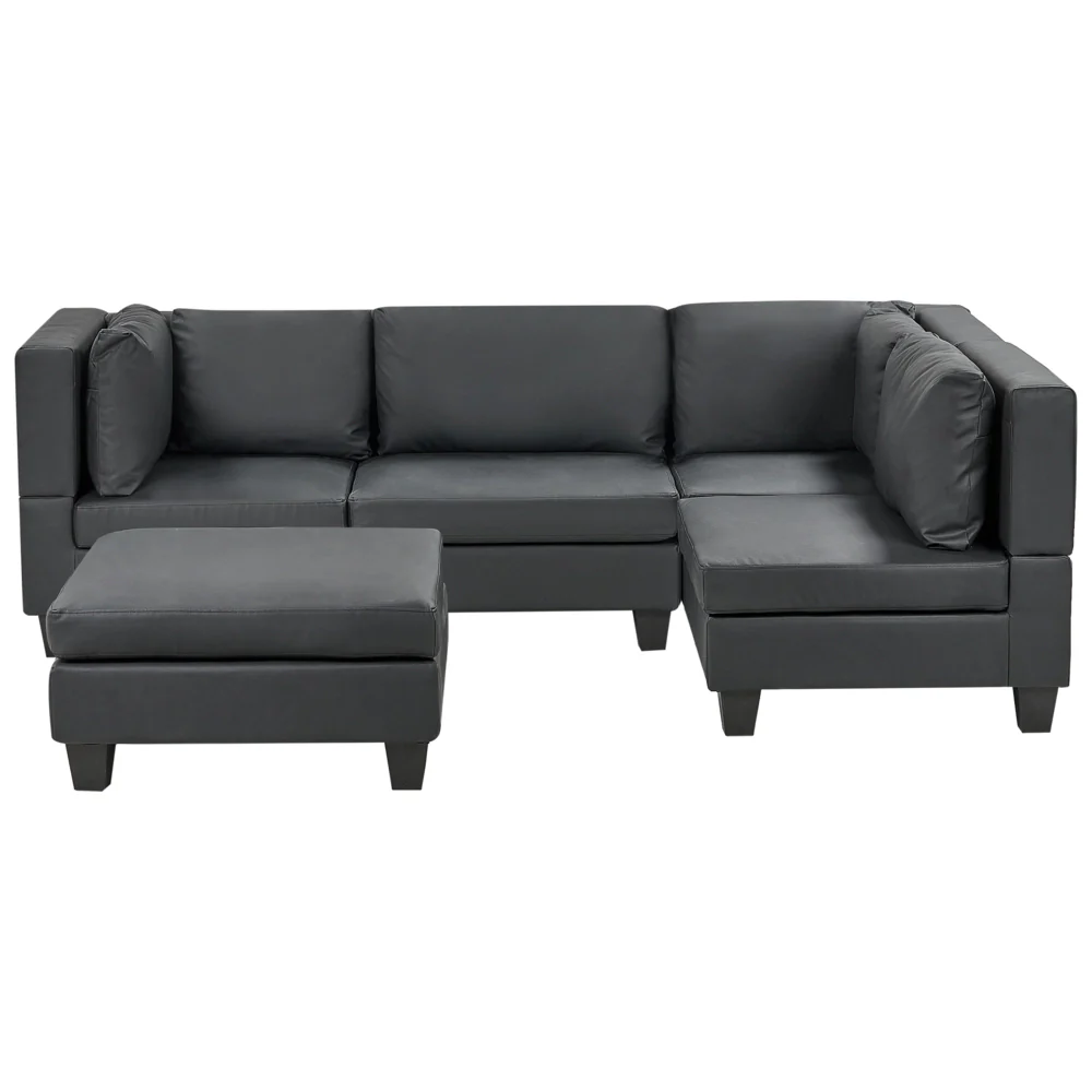 Divano componibile 4 posti imbottito in tessuto nero con gambe nere schienale imbottito lato sinistro con pouf stile moderno