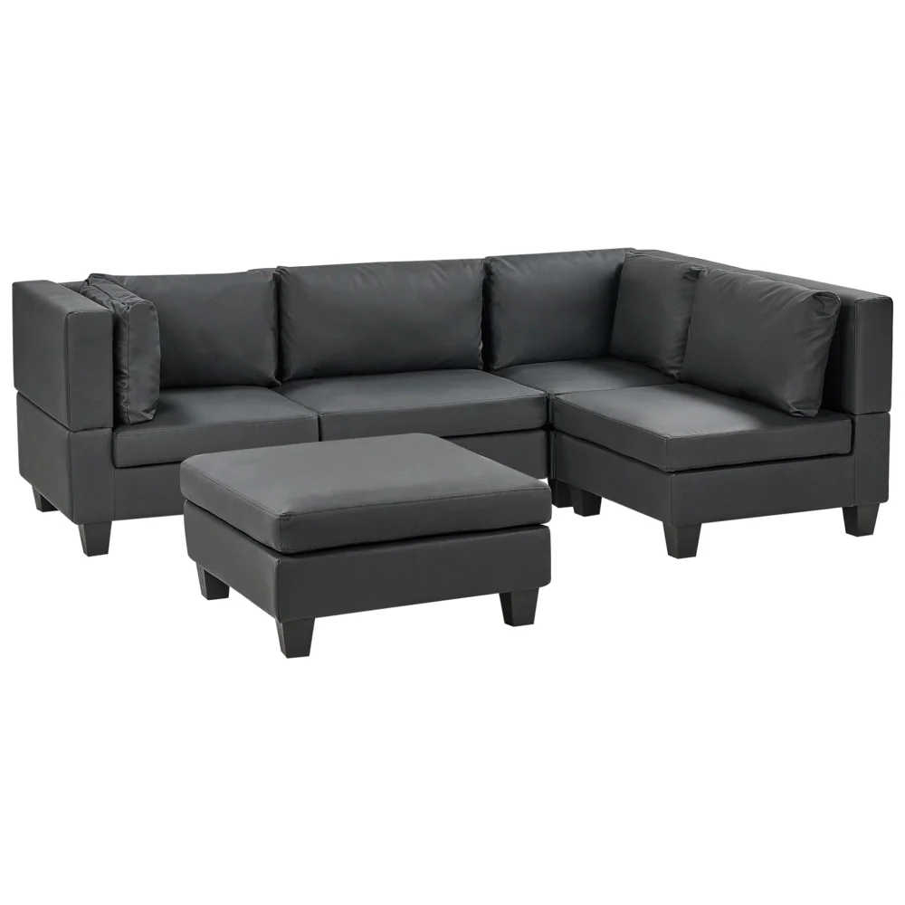 Divano componibile 4 posti imbottito in tessuto nero con gambe nere schienale imbottito lato sinistro con pouf stile moderno - Image 2