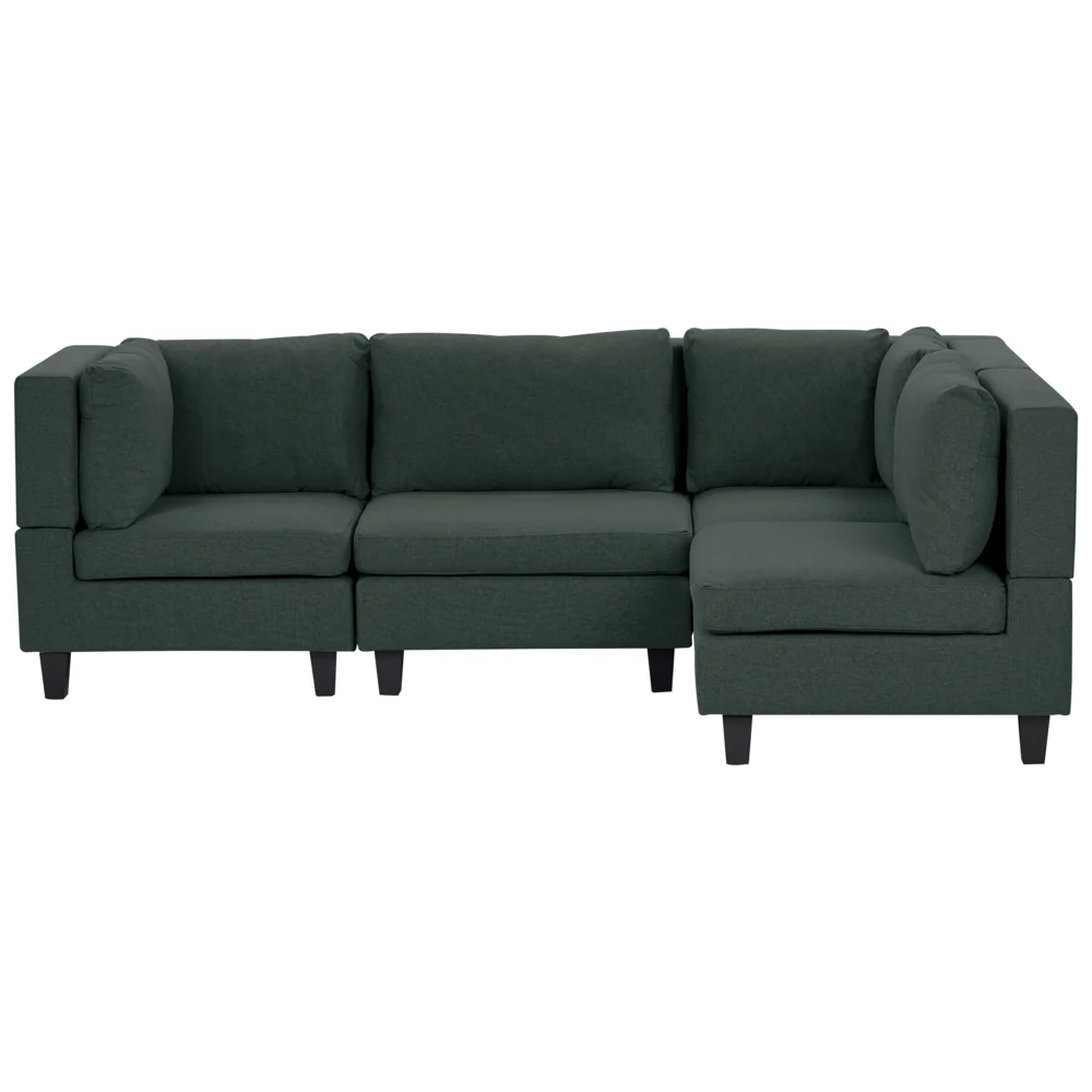 Divano componibile a 4 posti imbottito in tessuto verde scuro gambe nere lato sinistro con ottomana stile moderno