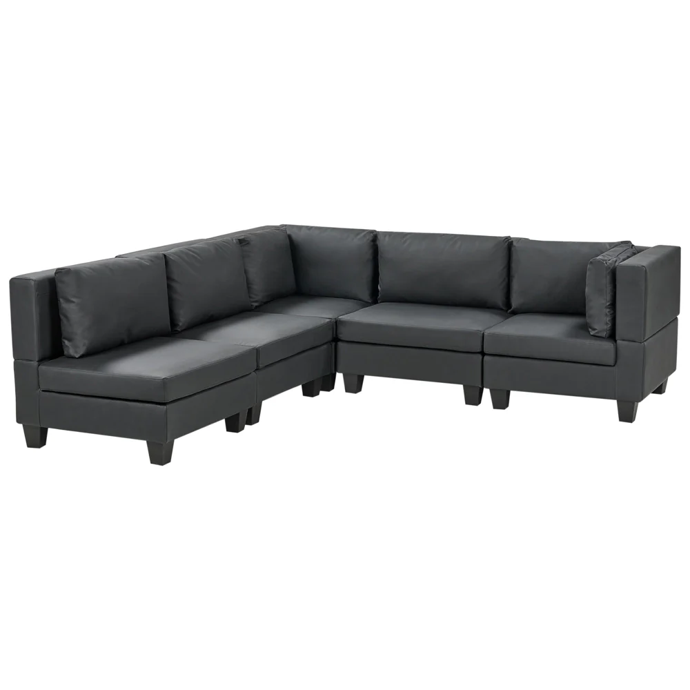 Divano componibile a 5 posti imbottito in tessuto nero gambe nere lato destro stile moderno - Image 2