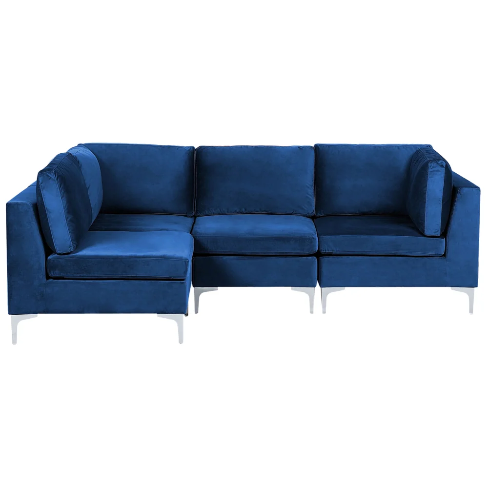 Divano componibile ad angolo versione destra in velluto blu marino 4 posti a forma di L con gambe in metallo argento stile glamour