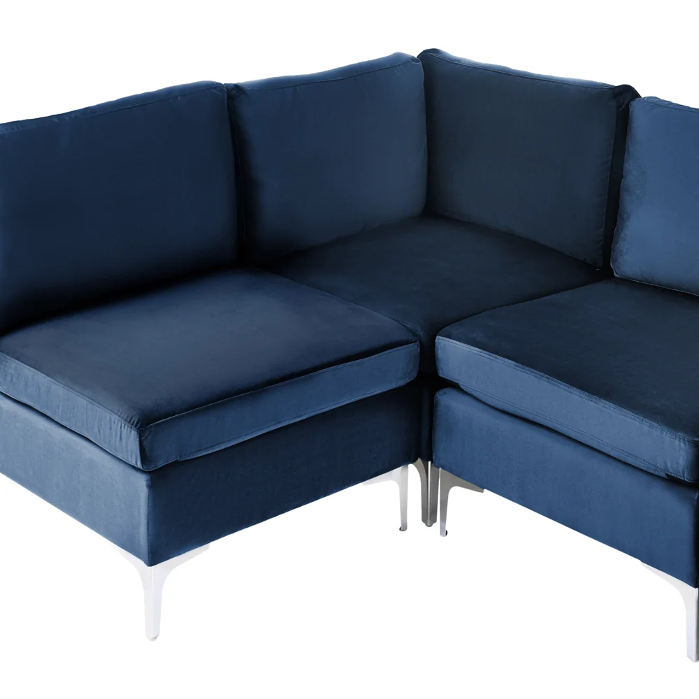 Divano componibile ad angolo versione destra in velluto blu marino 4 posti a forma di L con gambe in metallo argento stile glamour - Image 8