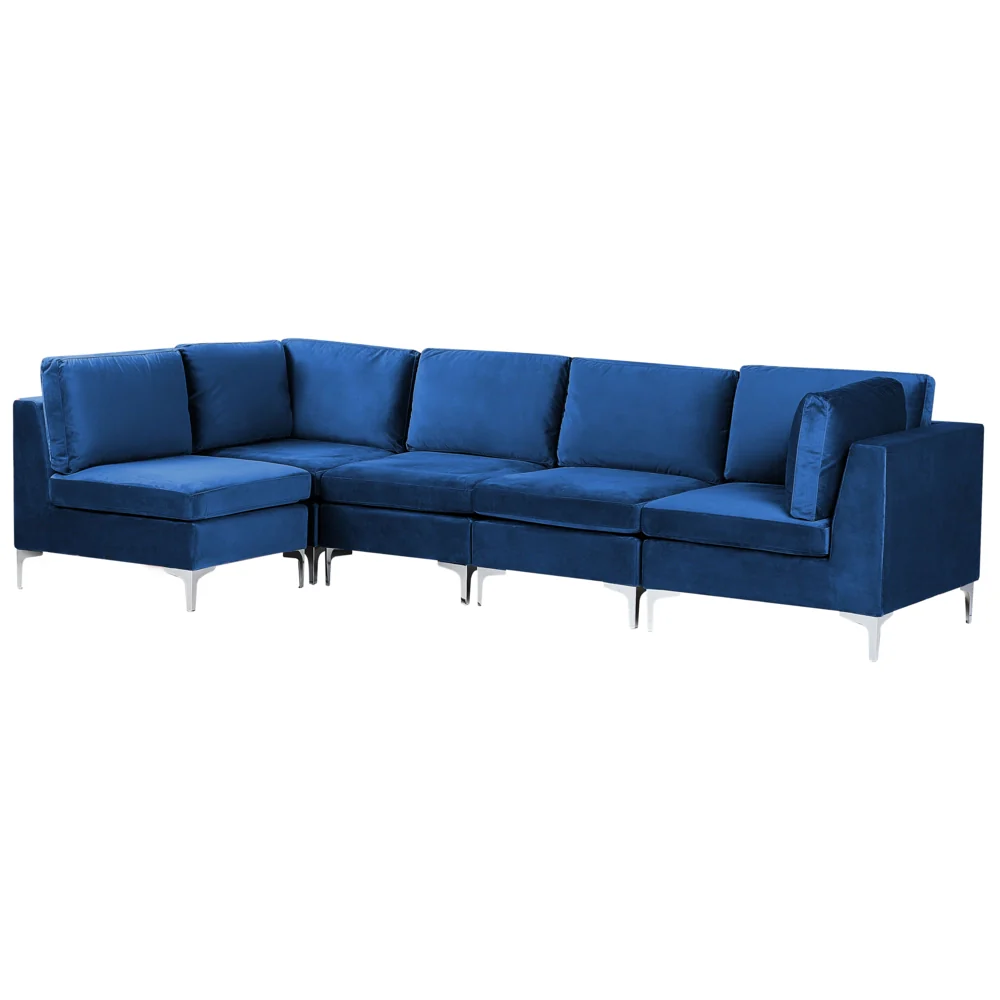Divano componibile ad angolo versione destra in velluto blu marino a 5 posti con gambe in metallo argento stile glamour - Image 2