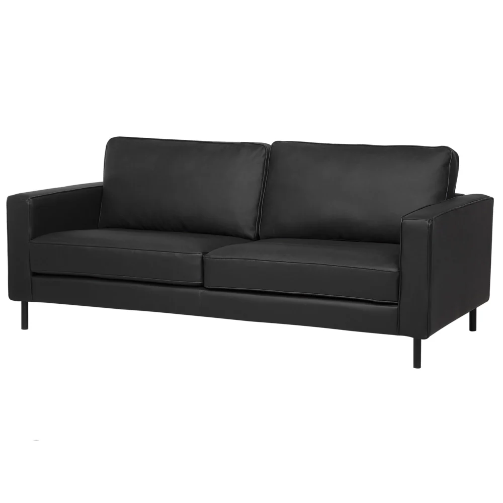Divano in pelle nera a 3 posti con gambe in metallo con schienale imbottito e minimalista moderno - Image 2