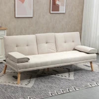 Divano Letto 3 Posti Reclinabile con Rivestimento Effetto Lino e Tavolino a Ribalta, Beige - Image 2