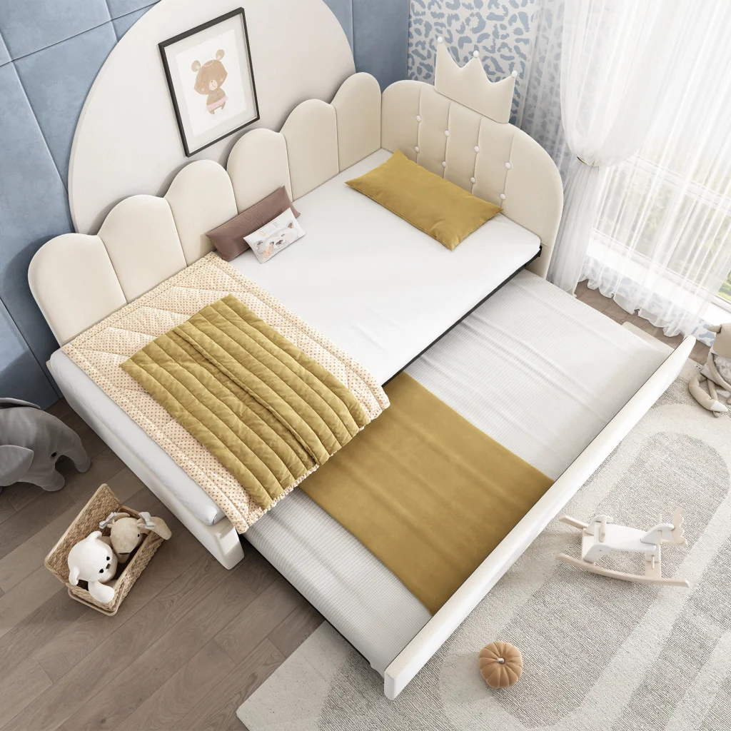 Divano letto 90x200cm con letto extra velluto beige a forma di L design a corona risparmia spazio per la stanza dei bambini e gli ospiti (senza materasso)