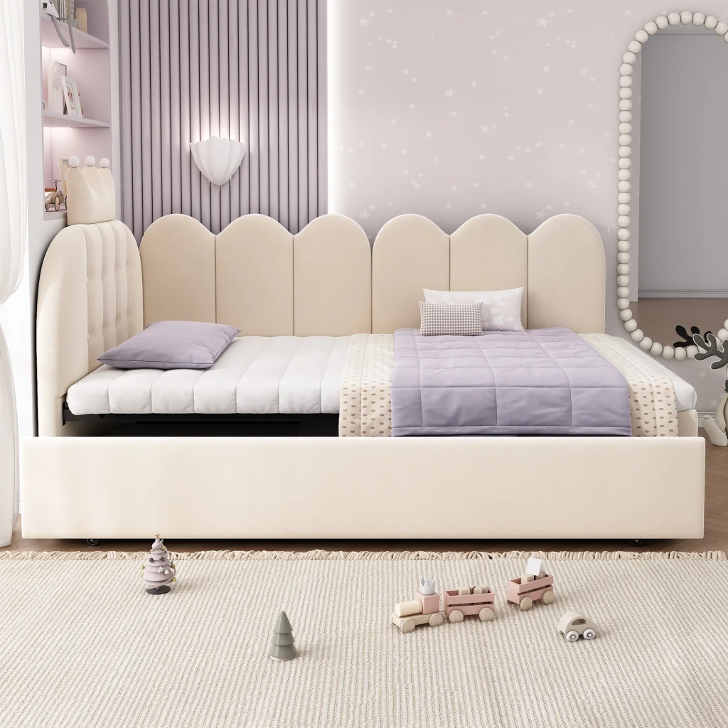 Divano letto 90x200cm con letto extra velluto beige a forma di L design a corona risparmia spazio per la stanza dei bambini e gli ospiti (senza materasso) - Image 10