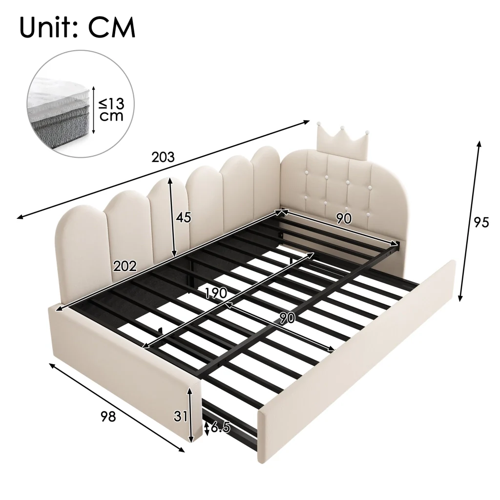 Divano letto 90x200cm con letto extra velluto beige a forma di L design a corona risparmia spazio per la stanza dei bambini e gli ospiti (senza materasso) - Image 2