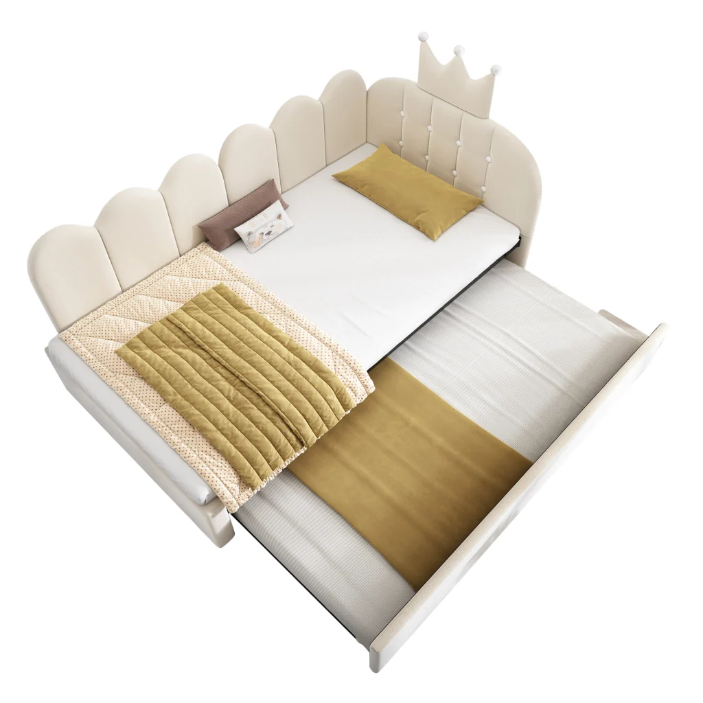 Divano letto 90x200cm con letto extra velluto beige a forma di L design a corona risparmia spazio per la stanza dei bambini e gli ospiti (senza materasso) - Image 3
