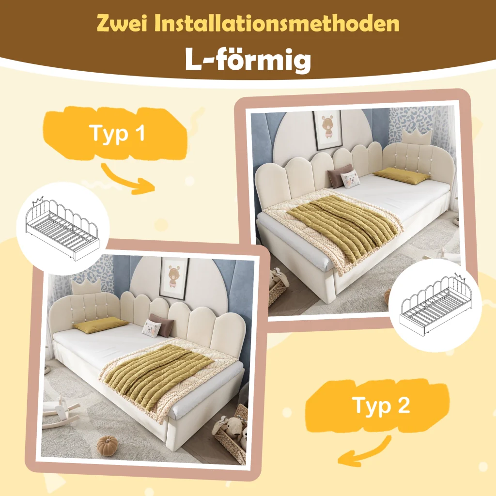 Divano letto 90x200cm con letto extra velluto beige a forma di L design a corona risparmia spazio per la stanza dei bambini e gli ospiti (senza materasso) - Image 5