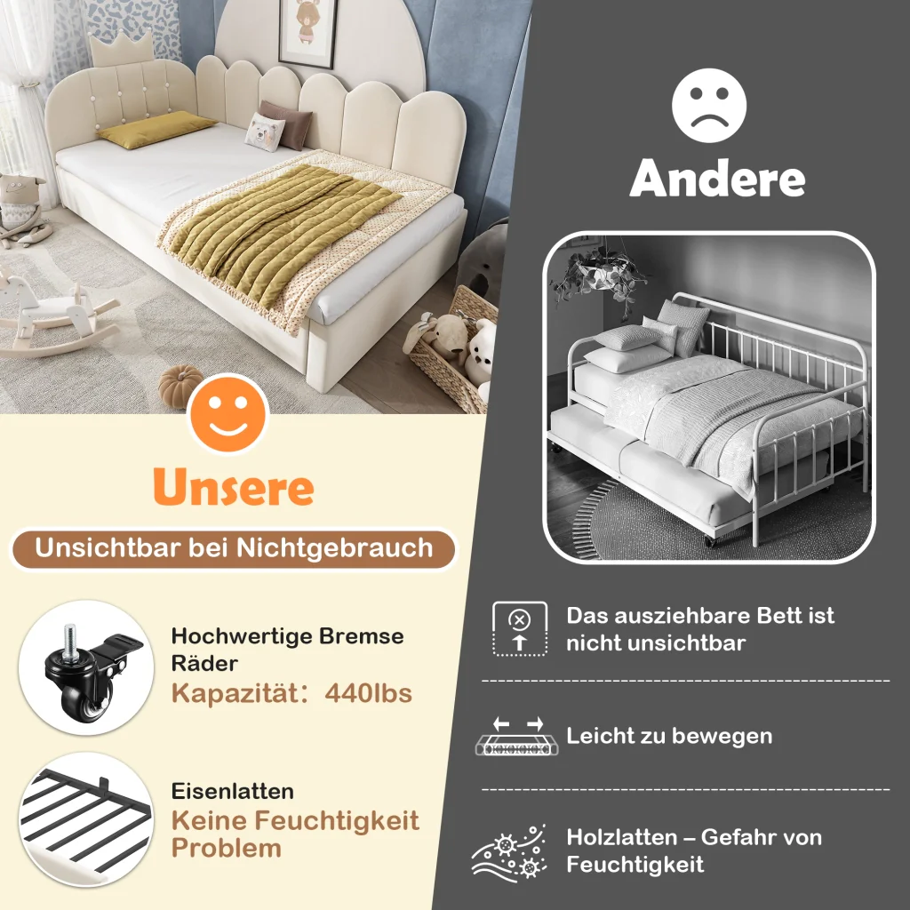 Divano letto 90x200cm con letto extra velluto beige a forma di L design a corona risparmia spazio per la stanza dei bambini e gli ospiti (senza materasso) - Image 6