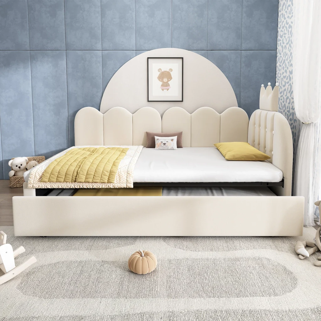 Divano letto 90x200cm con letto extra velluto beige a forma di L design a corona risparmia spazio per la stanza dei bambini e gli ospiti (senza materasso) - Image 9