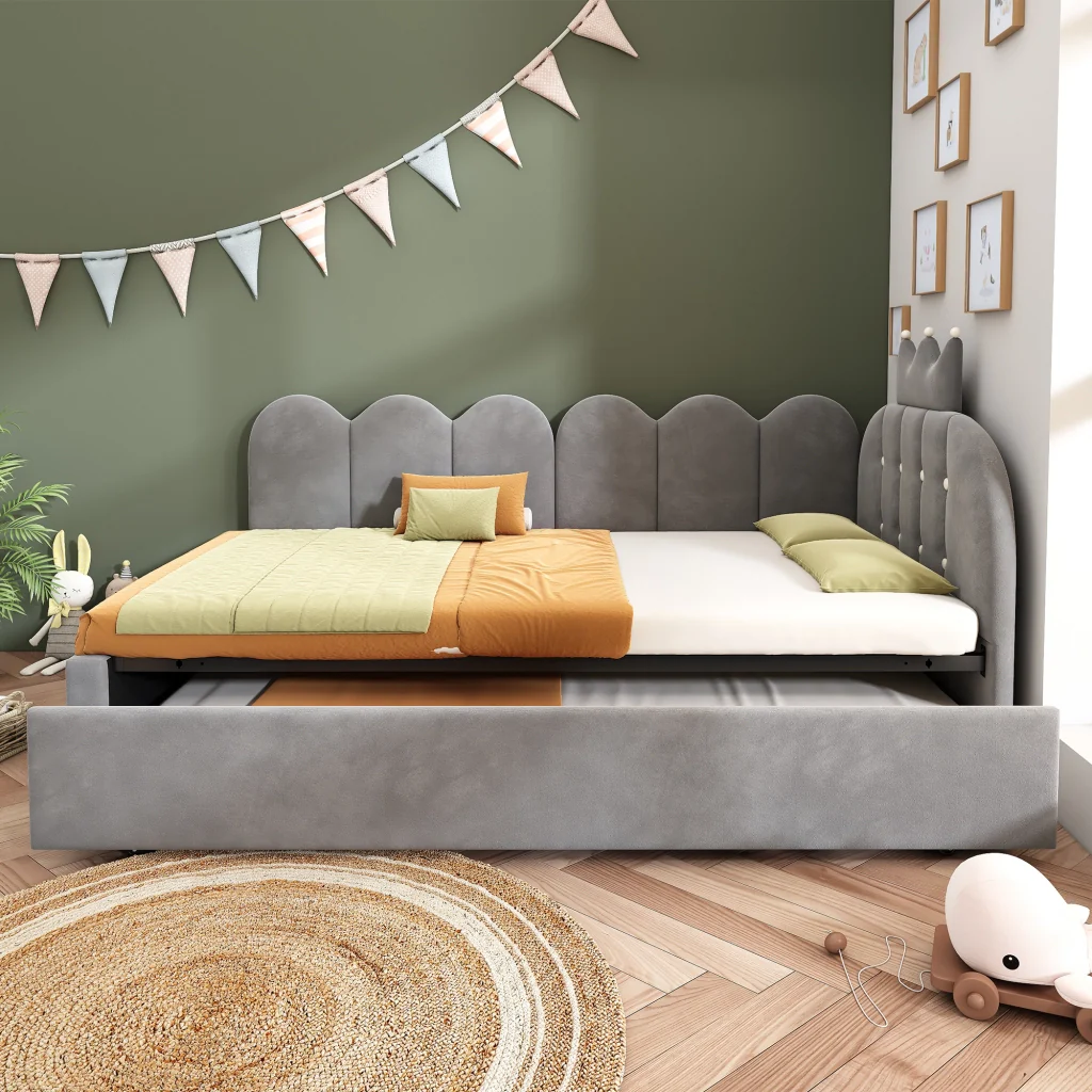 Divano letto 90x200cm con letto extra velluto grigio a forma di L design a corona spazio per la stanza dei bambini e gli ospiti (senza materasso) - Image 10