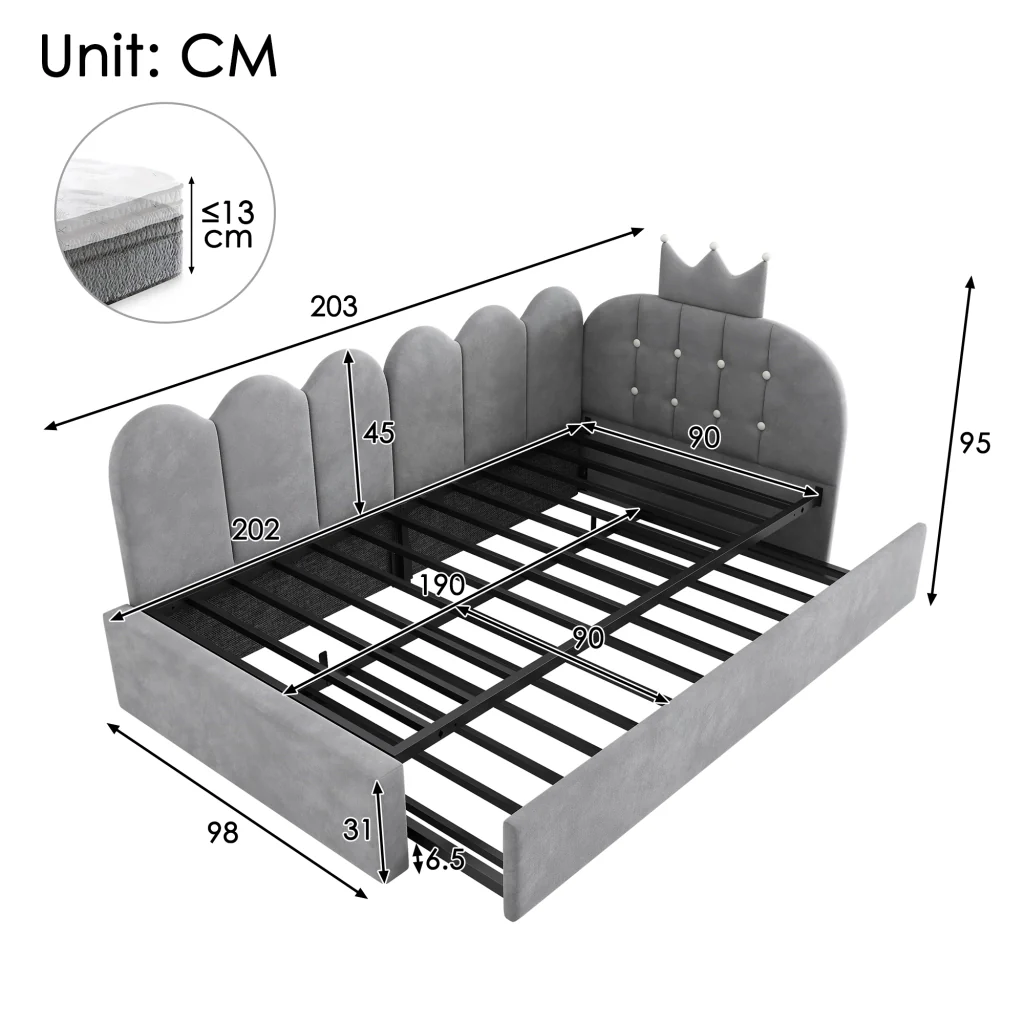 Divano letto 90x200cm con letto extra velluto grigio a forma di L design a corona spazio per la stanza dei bambini e gli ospiti (senza materasso) - Image 2