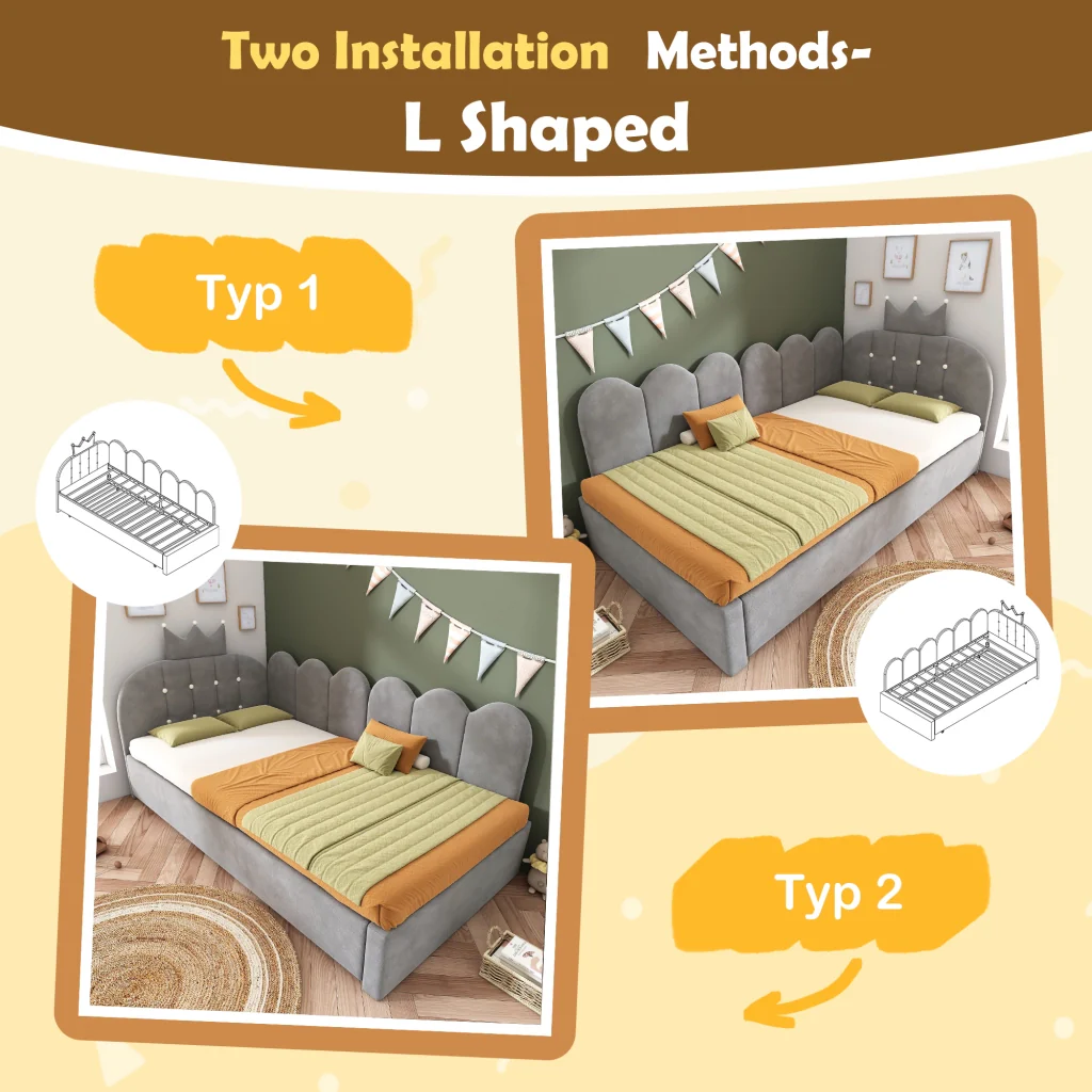 Divano letto 90x200cm con letto extra velluto grigio a forma di L design a corona spazio per la stanza dei bambini e gli ospiti (senza materasso) - Image 5