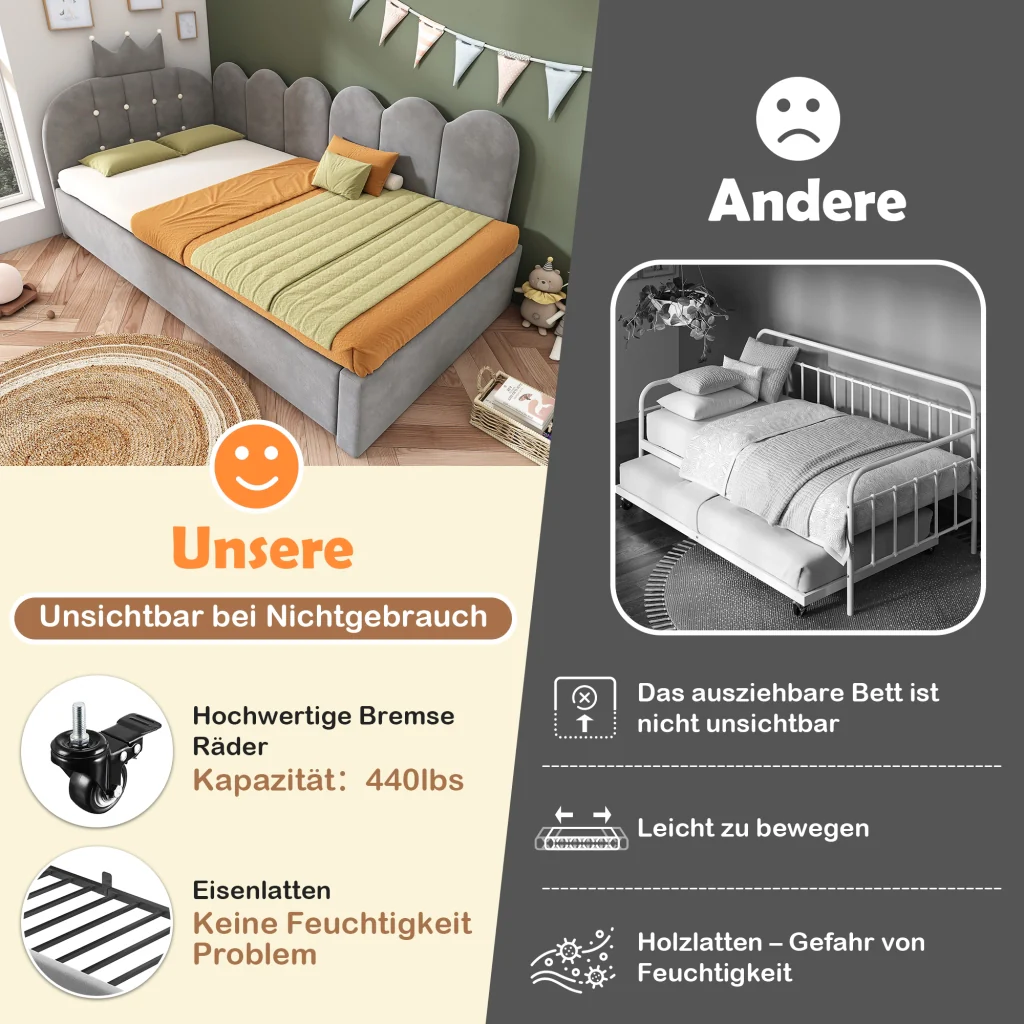 Divano letto 90x200cm con letto extra velluto grigio a forma di L design a corona spazio per la stanza dei bambini e gli ospiti (senza materasso) - Image 7