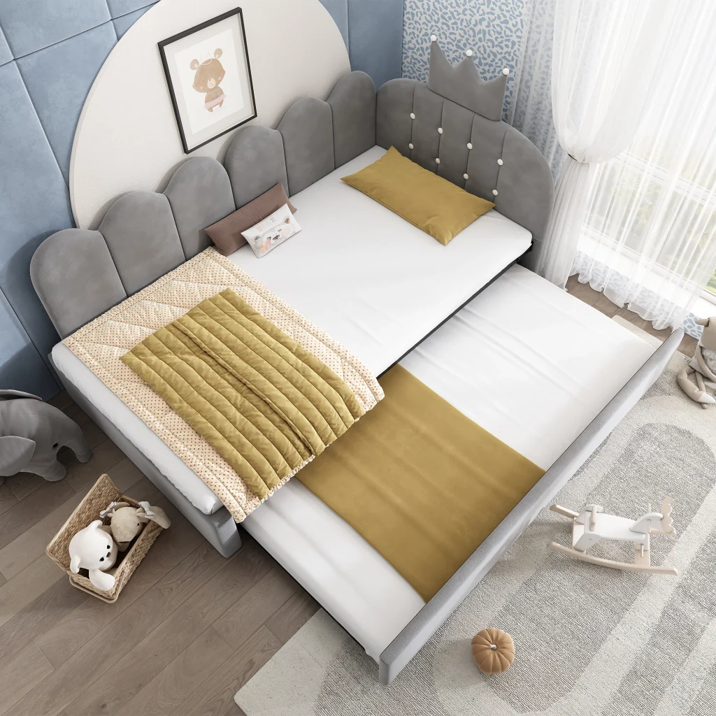 Divano letto 90x200cm con letto extra velluto grigio a forma di L design a corona spazio per la stanza dei bambini e gli ospiti (senza materasso) - Image 9