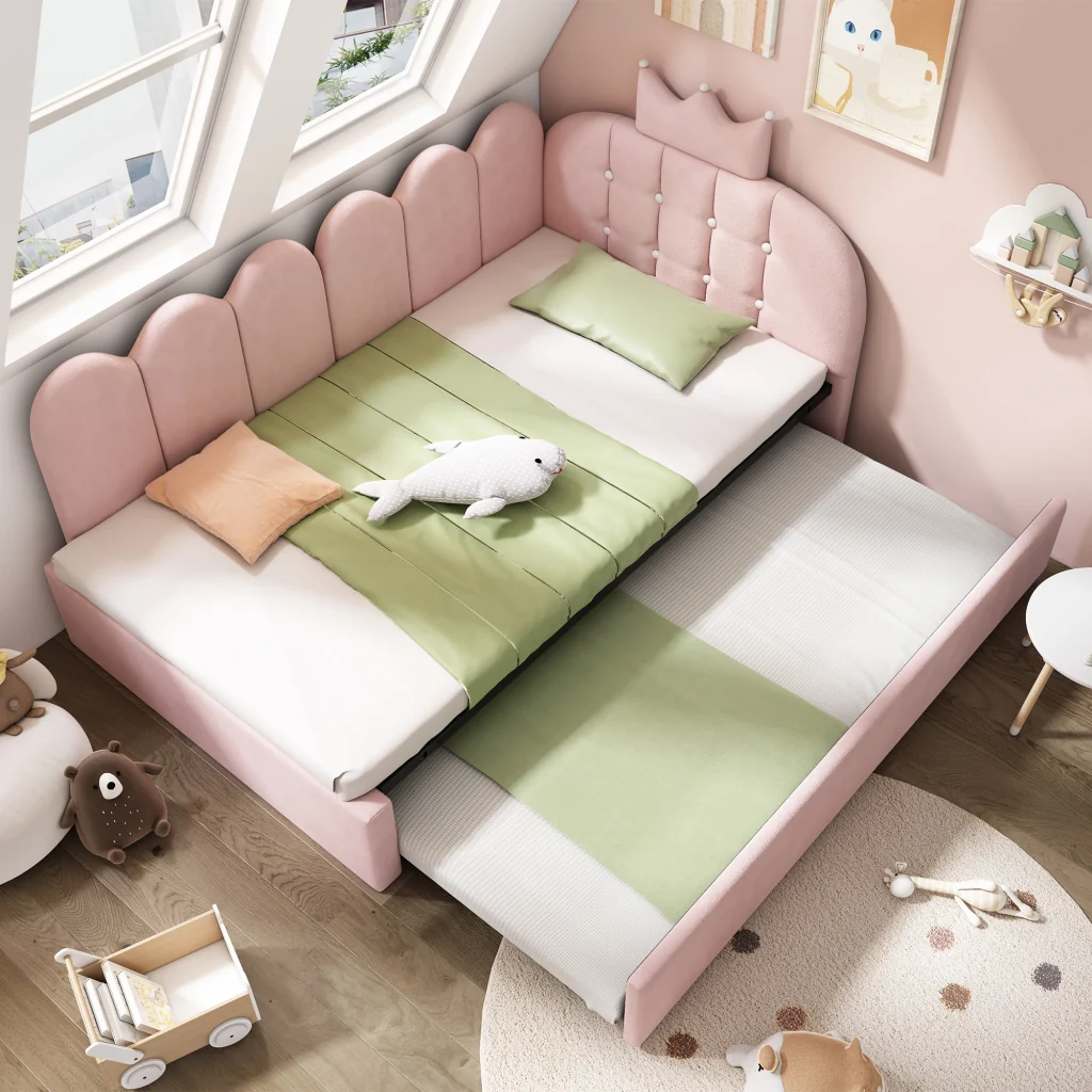 Divano letto 90x200cm con letto extra velluto rosa a forma di L con design a corona risparmia spazio per la stanza dei bambini e gli ospiti (senza materasso)
