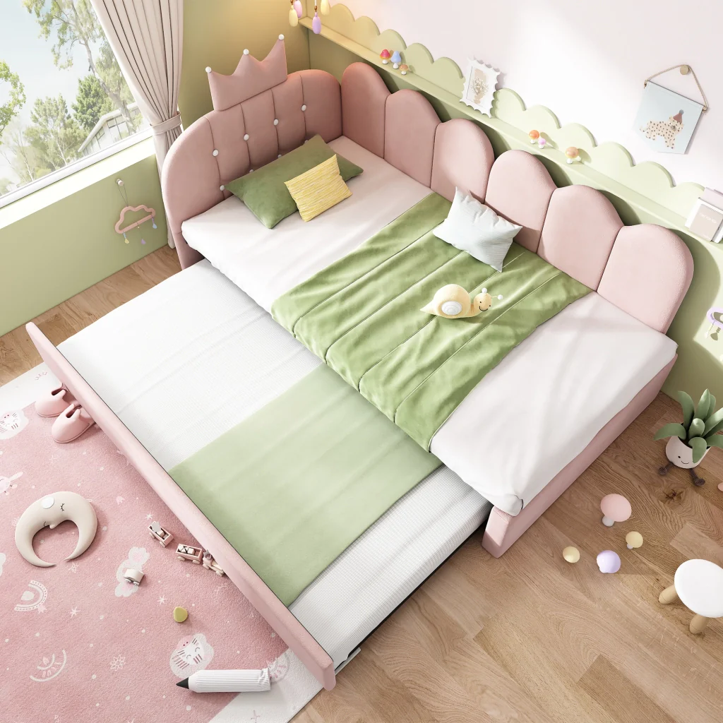 Divano letto 90x200cm con letto extra velluto rosa a forma di L con design a corona risparmia spazio per la stanza dei bambini e gli ospiti (senza materasso) - Image 10