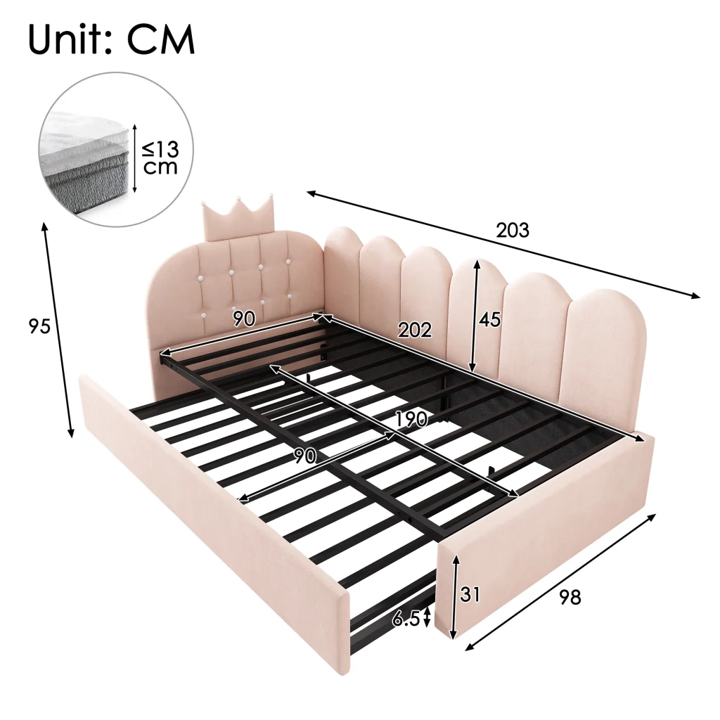 Divano letto 90x200cm con letto extra velluto rosa a forma di L con design a corona risparmia spazio per la stanza dei bambini e gli ospiti (senza materasso) - Image 2
