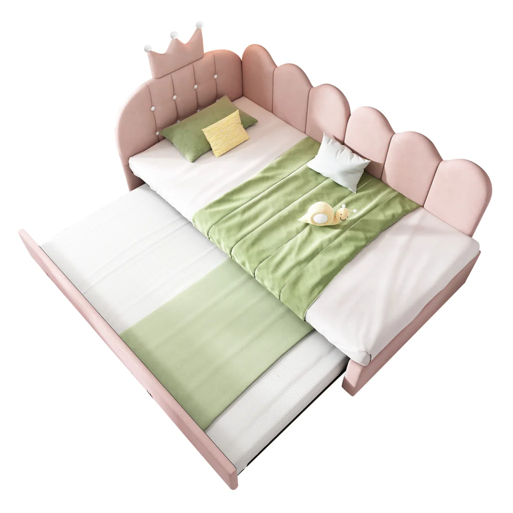 Divano letto 90x200cm con letto extra velluto rosa a forma di L con design a corona risparmia spazio per la stanza dei bambini e gli ospiti (senza materasso) - Image 3
