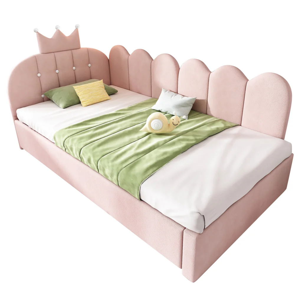 Divano letto 90x200cm con letto extra velluto rosa a forma di L con design a corona risparmia spazio per la stanza dei bambini e gli ospiti (senza materasso) - Image 4
